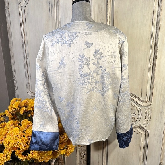 Elegant Women's Satin Asian Jacket with Blue Floral and Scenic Design - Picture 8 of 11